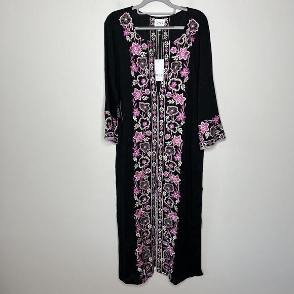 MISA LA x Anthropologie Dress Womens Medium Black Pink Embroidered Maxi Boho - Picture 10 of 16
